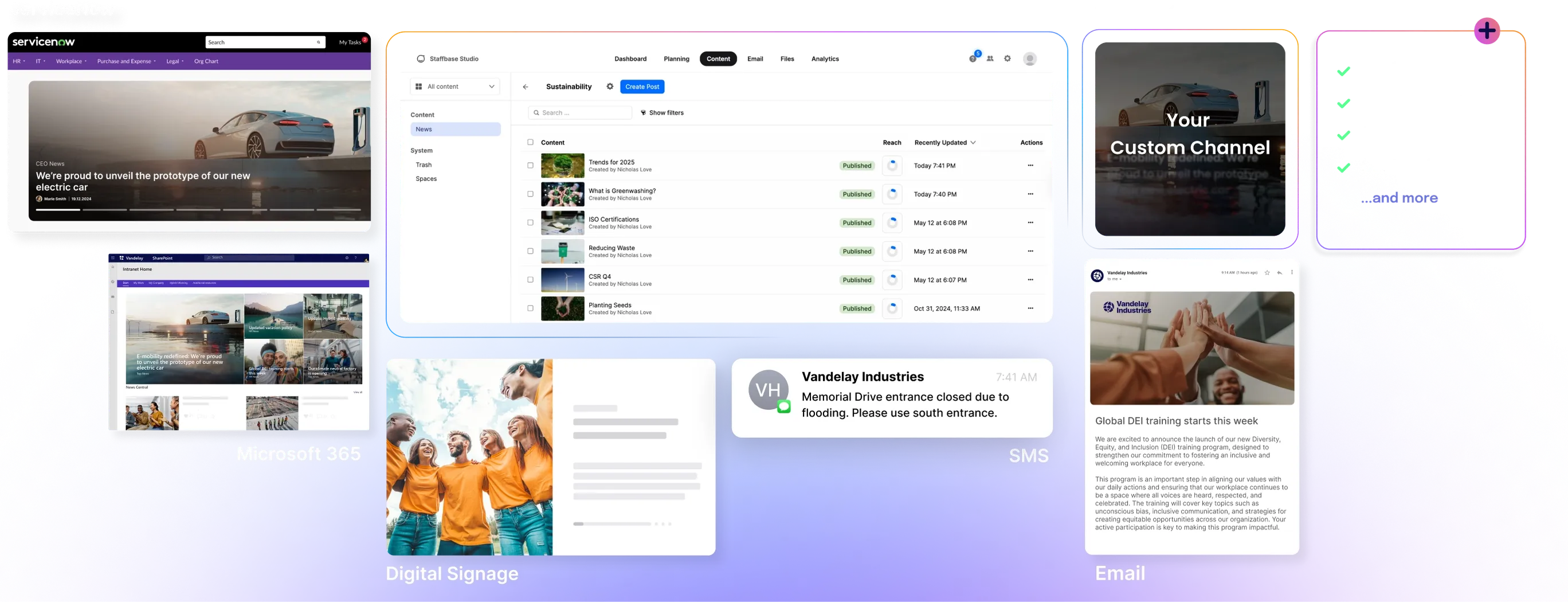 Collage of digital communication platforms, including Microsoft 365, digital signage, SMS, email, and a custom channel interface.