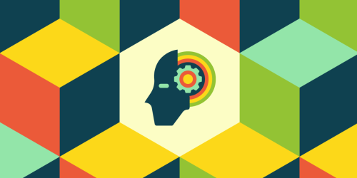 A human face with a bright cog inside and a colorful background