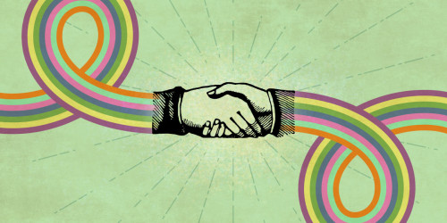 two swirling rainbow meeting in a handshake